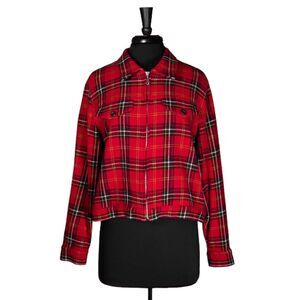 Express Women's Jacket Red Wool Blend Plaid Check Full Zip Long Sleeve Size L